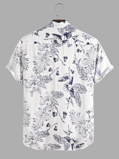 Men Random Floral Print Button Up Shirt