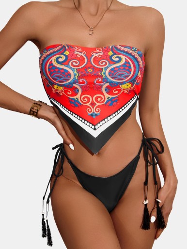 Random Paisley Print Bandeau Bikini Swimsuit