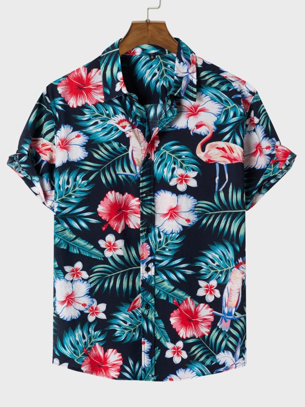 Men Hawaiian Print Button Up Shirt