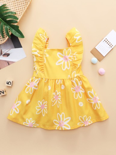 Baby Girl Floral Print Ruffle Trim Dress