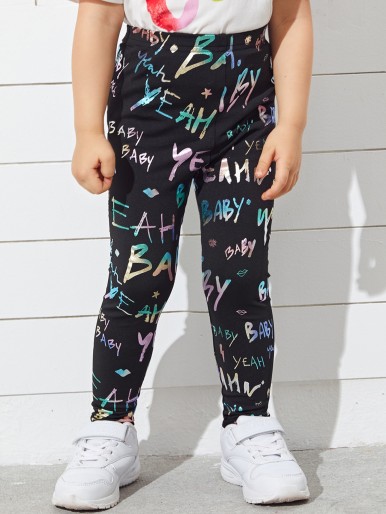 SHEIN Toddler Girls Allover Letter Graphic Leggings