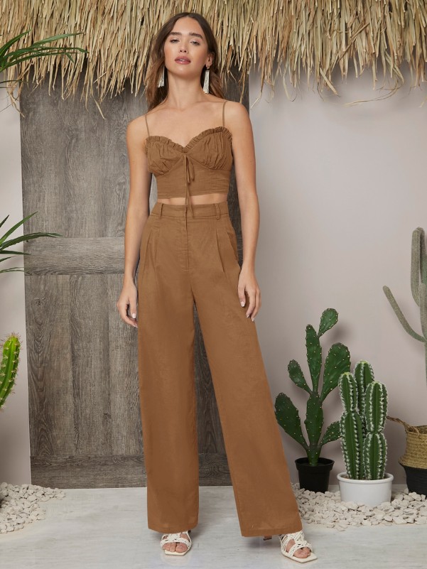 Frill Trim Ruched Bust Crop Cami Top & Palazzo Pants Set