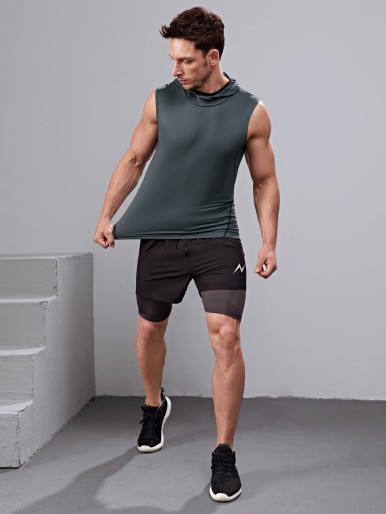 Men Reflective Print Hooded Sports Tank Top