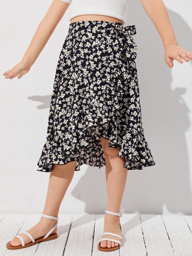 SHEIN Girls Ditsy Floral Ruffle Hem Wrap Knot Skirt