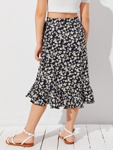 SHEIN Girls Ditsy Floral Ruffle Hem Wrap Knot Skirt