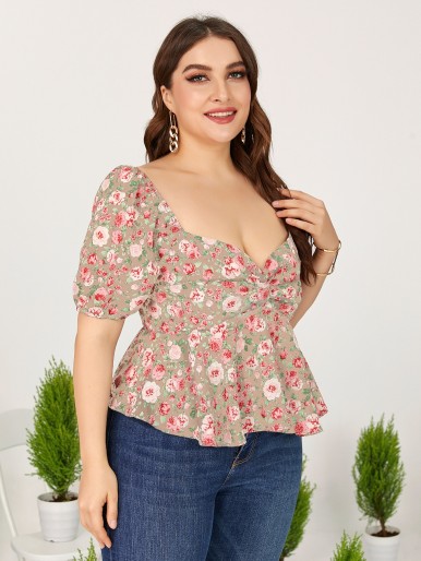 Plus Allover Floral Shirred Blouse