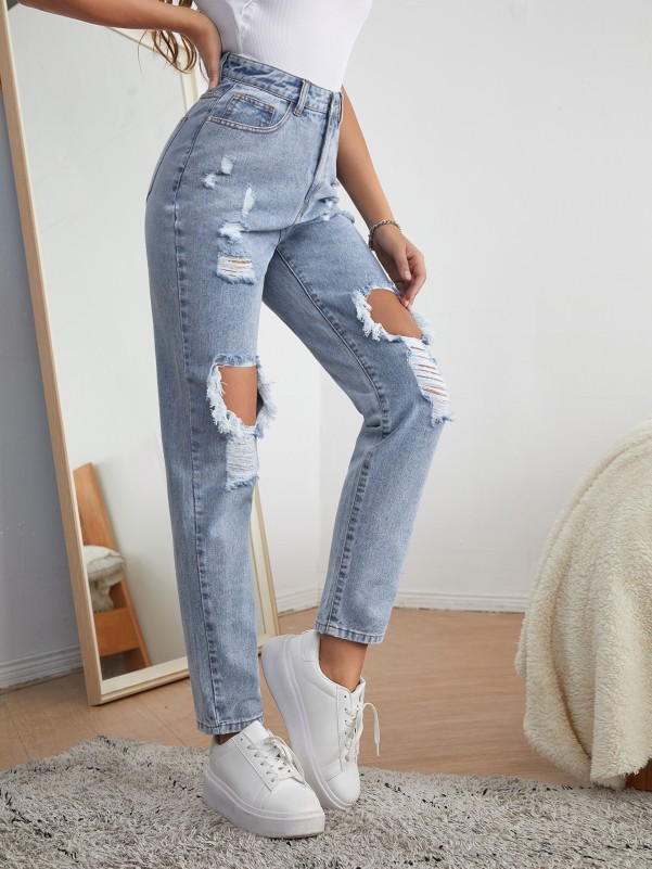 High Waist Ripped Mom Jeans