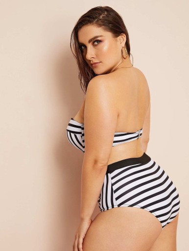 Plus Striped Bustier Bandeau With High Waisted Bikini