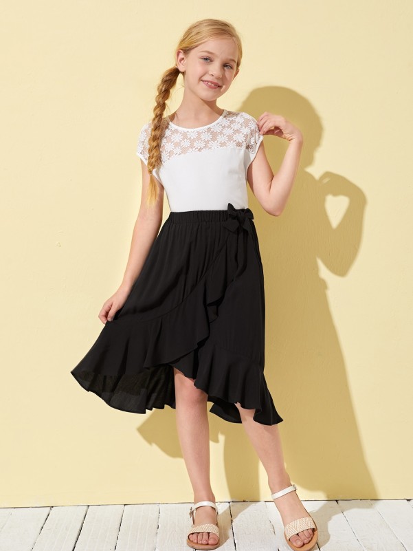 SHEIN Girls Asymmetrical Ruffle Hem Wrap Knot Skirt