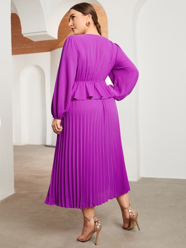 SHEIN Plus Lantern Sleeve Ruffle Trim Pleated Dress