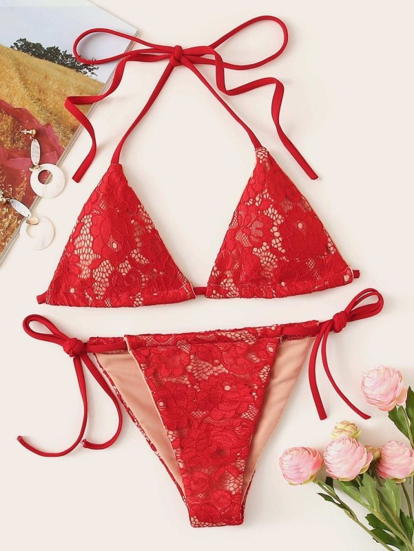 Floral Lace Self Tie Triangle Bikini Set 9247