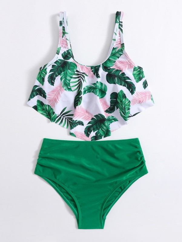 Girls Tropical Print Ruffle Bikini Swimsuit