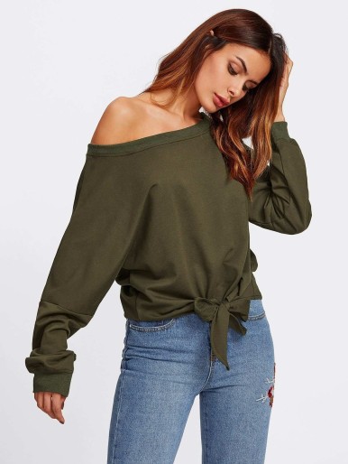 Bow Tie Hem Asymmetric Shoulder Pullover