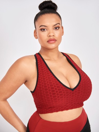 Plus Medium Support Contrast Binding Honeycomb Sports Bra