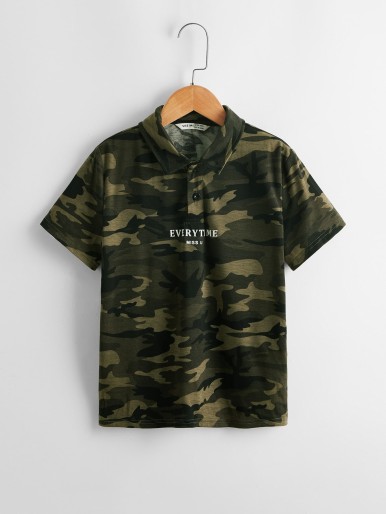 SHEIN Boys Slogan Graphic Camo Polo Shirt