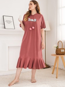 SHEIN Plus Ruffle Hem Raglan Sleeve Hooded Night Dress