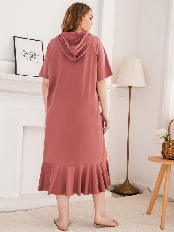 SHEIN Plus Ruffle Hem Raglan Sleeve Hooded Night Dress