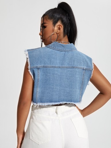 Plus Raw Hem Ripped Crop Denim Vest