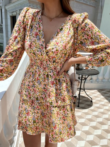 Surplice Front Shirred Waist Ditsy Floral Dress