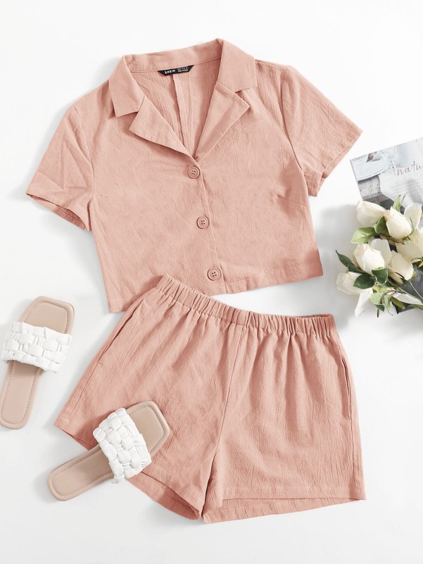 Single Breasted Blouse And Shorts Set