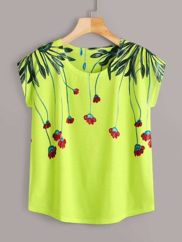 Neon Green Floral Print Cap Sleeve Tee