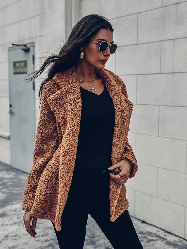  Double Breasted Lapel Neck Teddy Coat (Color : Brown