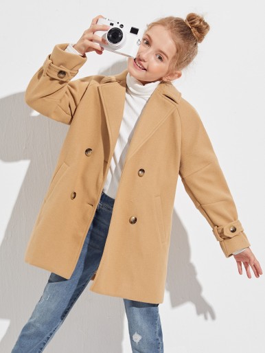 SHEIN Girls Raglan Sleeve Double Button Overcoat