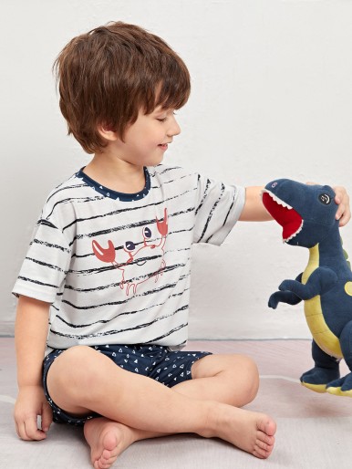 SHEIN Toddler Boys Crab Cartoon Print Striped Top & Shorts PJ Set