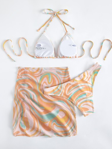 3pack Allover Print Halter Bikini Swimsuit & Cover Up