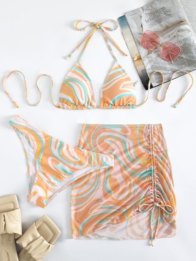 3pack Allover Print Halter Bikini Swimsuit & Cover Up