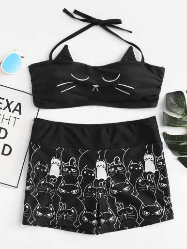 Cat Print Halter Bandeau Top With Shorts Bikini