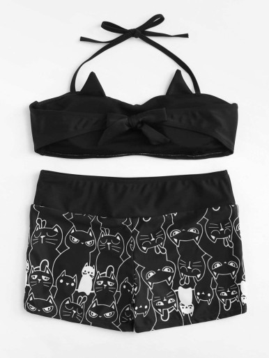 Cat Print Halter Bandeau Top With Shorts Bikini
