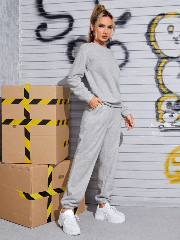 SHEIN Solid Sweatshirt and Tie Front Slant Pocket Sweatpants Set