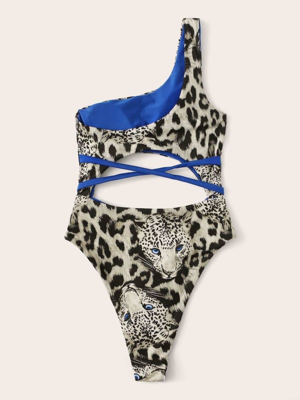 Random Tiger Print One Shoulder One Piece Swimsuit