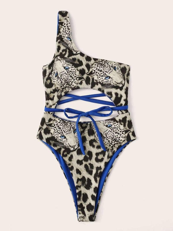 Random Tiger Print One Shoulder One Piece Swimsuit