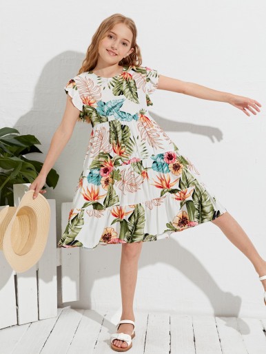 Girls Tropical Print Ruffle Trim Babydoll Dress