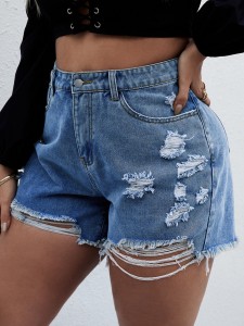 Plus Ripped Raw Hem Denim Shorts