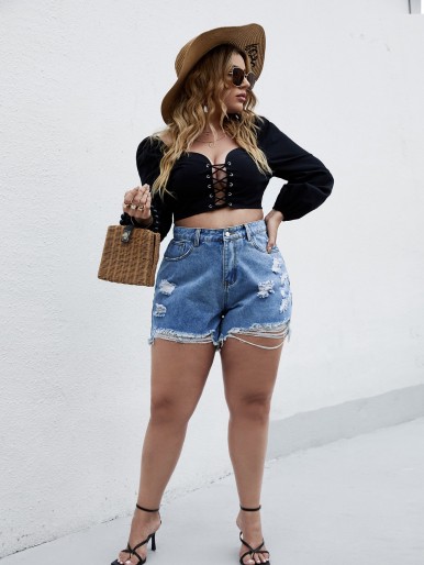 Plus Ripped Raw Hem Denim Shorts