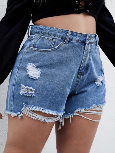 Plus Ripped Raw Hem Denim Shorts