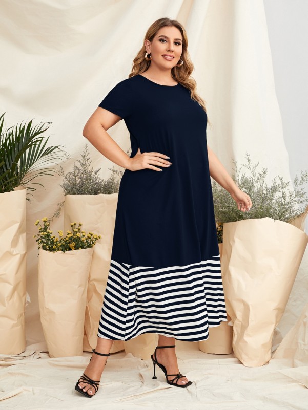 SHEIN Mulvari Women's Blue Round Neck Plus Size Dress