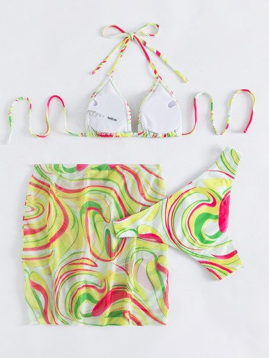 3pack Allover Print Halter Bikini Swimsuit & Cover Up