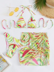 3pack Allover Print Halter Bikini Swimsuit & Cover Up