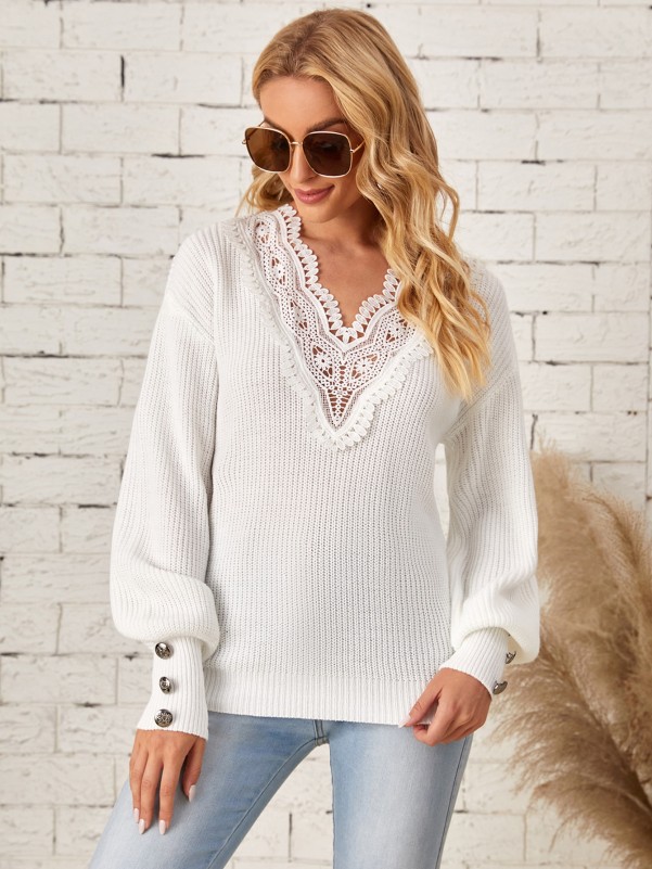 SHEIN Contrast Guipure Lace Panel Lantern Sleeve Sweater