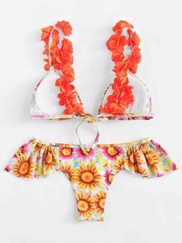 Applique Strap Top With Flounce Floral Bikini