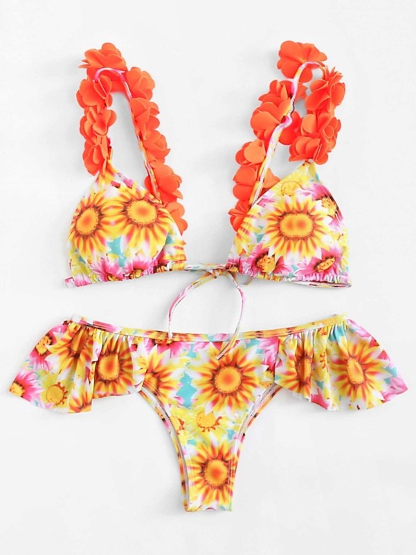 Applique Strap Top With Flounce Floral Bikini