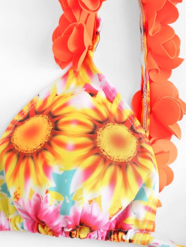 Applique Strap Top With Flounce Floral Bikini