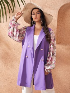 SHEIN Plus Floral Lantern Sleeve Double Breasted Coat