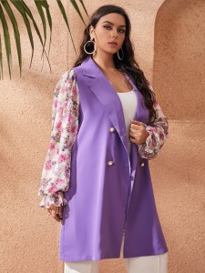 SHEIN Plus Floral Lantern Sleeve Double Breasted Coat