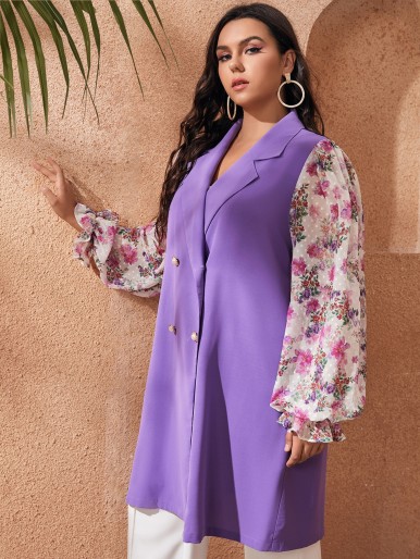 SHEIN Plus Floral Lantern Sleeve Double Breasted Coat