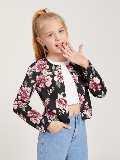 SHEIN Girls Floral Print Crop Jacket